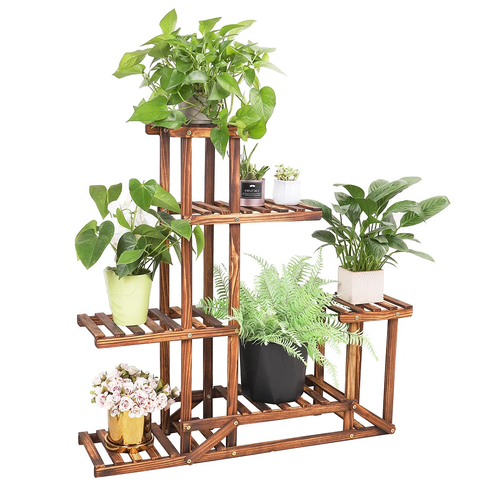 6 Tiered Wood Plant Flower Stand Shelf Indoor Outdoor