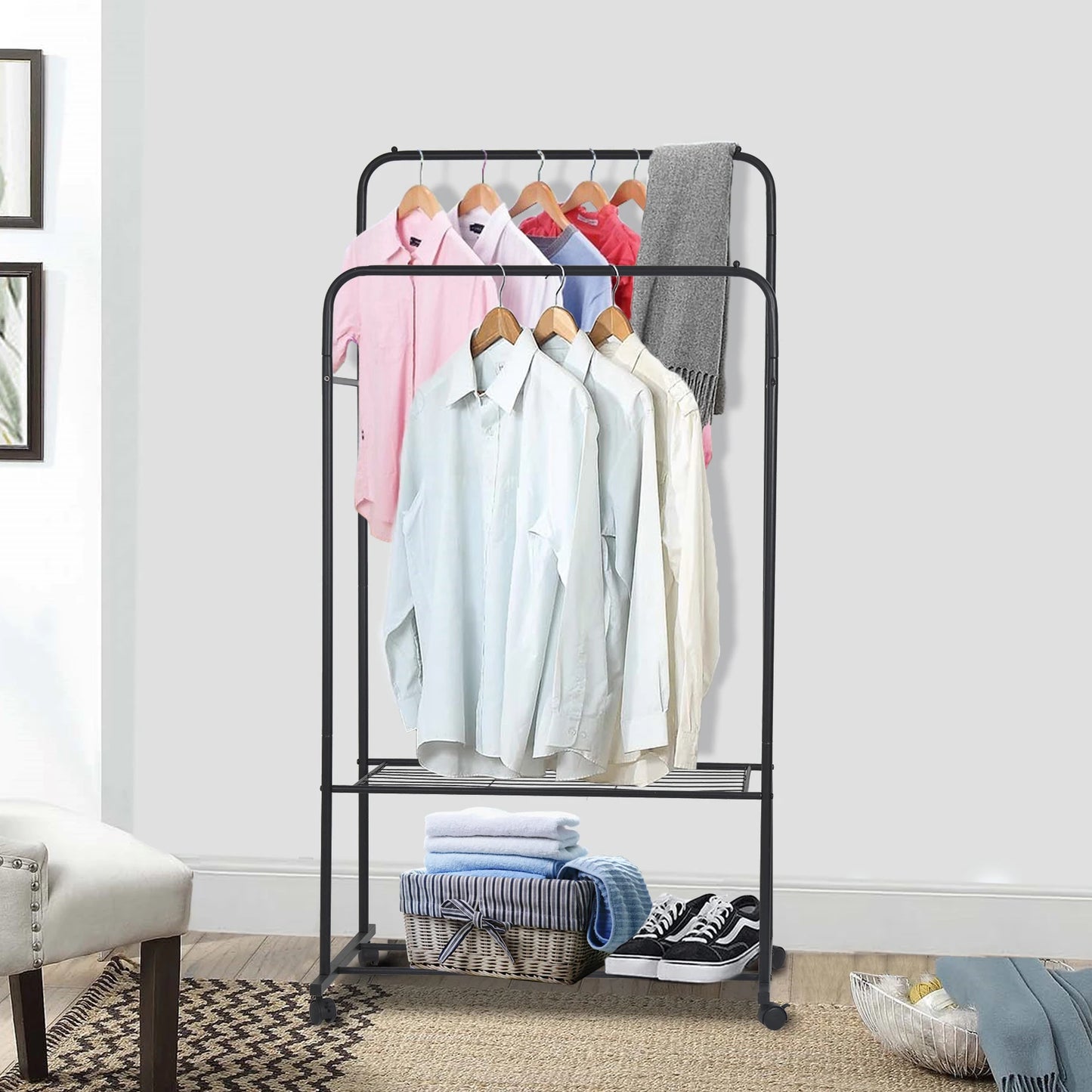1.5m Large Clothes Rack Double Rail Rolling Stand