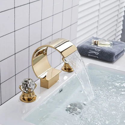 Golden Bathroom Basin Sink Faucet Luxury Crystal Dual Handle Three Holes