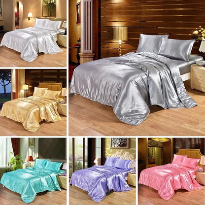 Bedding Set 4 Pieces Luxury Satin Silk Queen King Size Bed Set Comforter Quilt Duvet Cover Flat and Fitted Bed Sheet Bedcloth