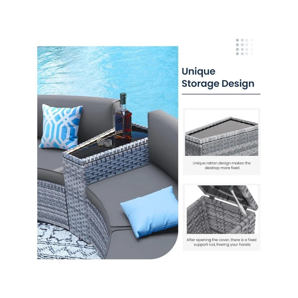 Patio Sectional Furniture Outdoor 7-Piece Rattan Curved Sofa Set with Storage Table