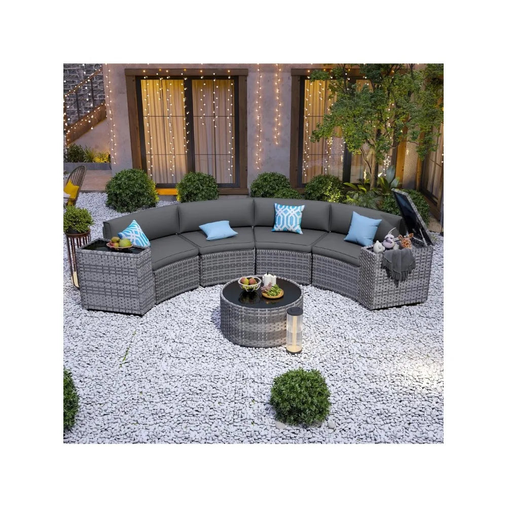 Patio Sectional Furniture Outdoor 7-Piece Rattan Curved Sofa Set with Storage Table