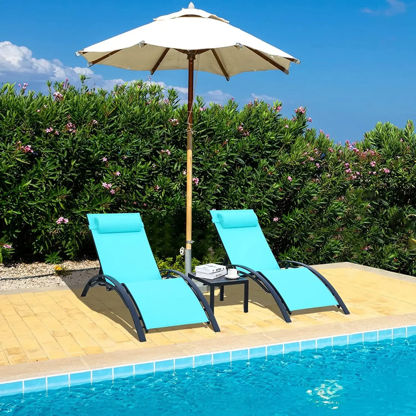 3PCS Pool Chairs Patio Adjustable Sunbathing Sunbathing Poolside Lounge Chairs With Side Tables For Outdoor Beach Camping