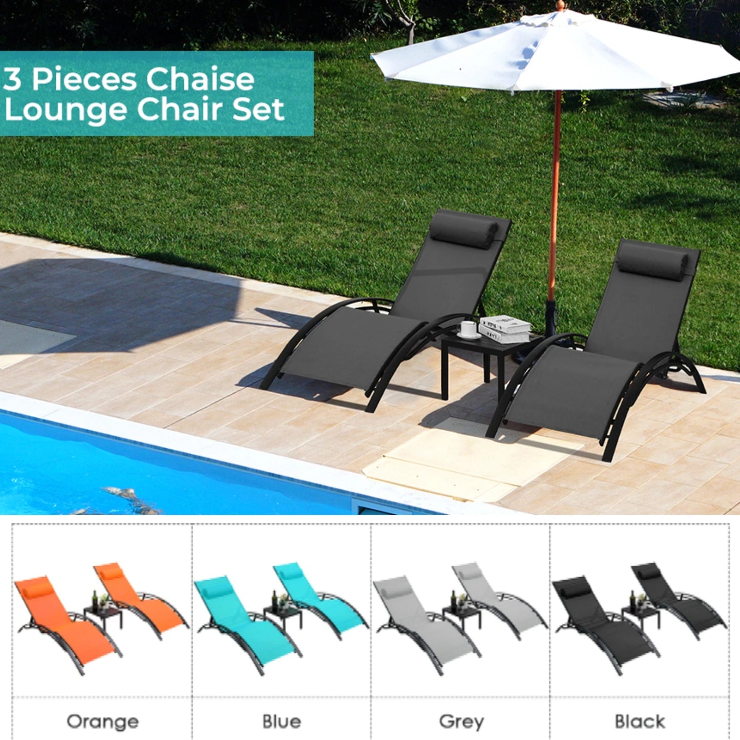 3PCS Pool Chairs Patio Adjustable Sunbathing Sunbathing Poolside Lounge Chairs With Side Tables For Outdoor Beach Camping