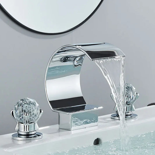 Golden Bathroom Basin Faucet Hot Cold Mixer Faucets Crystal Handle Waterfall
