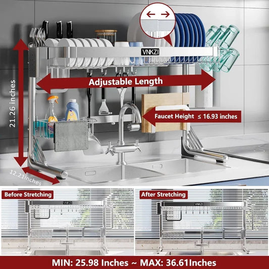 Over Sink Dish Drying Rack, 2 Tier Full Stainless Steel