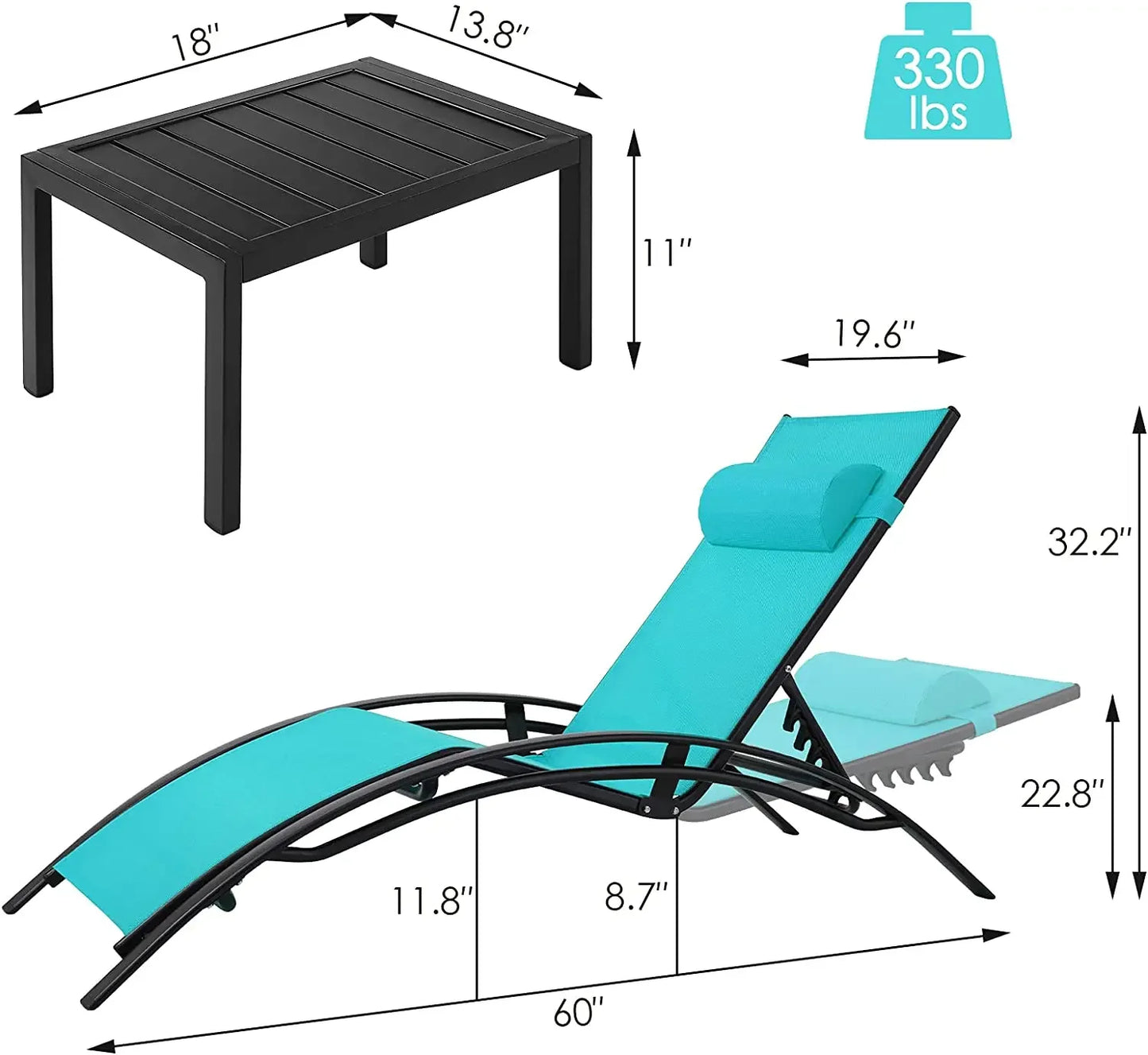 3PCS Pool Chairs Patio Adjustable Sunbathing Sunbathing Poolside Lounge Chairs With Side Tables For Outdoor Beach Camping