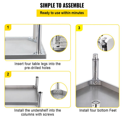 Stainless Steel Preparation Table Heavy Duty Metal Worktable w/ Backsplash & Adjustable