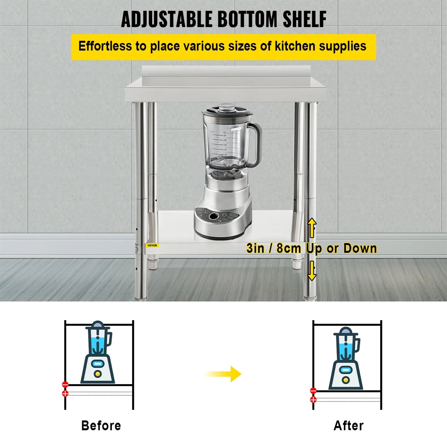 Stainless Steel Preparation Table Heavy Duty Metal Worktable w/ Backsplash & Adjustable