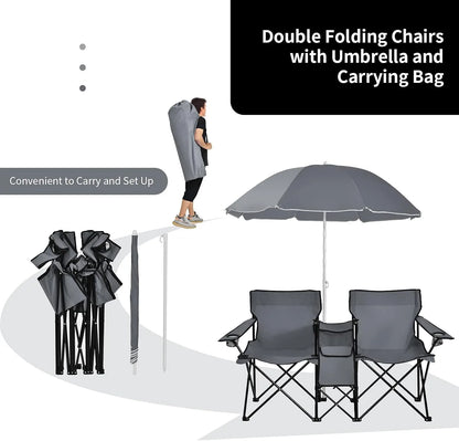 Portable Folding Picnic Double Chair W/Umbrella Table Cooler