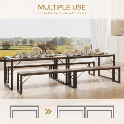 Dining Table Set for 4, Kitchen Table Set with 2 Benches, Metal Frame & MDF Board,