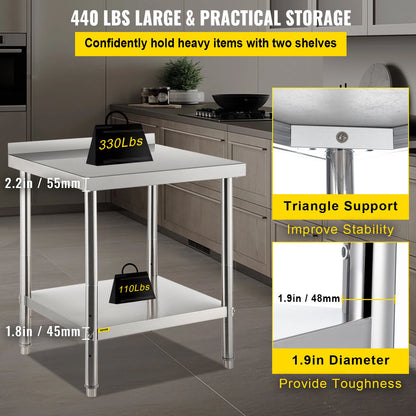 Stainless Steel Preparation Table Heavy Duty Metal Worktable w/ Backsplash & Adjustable