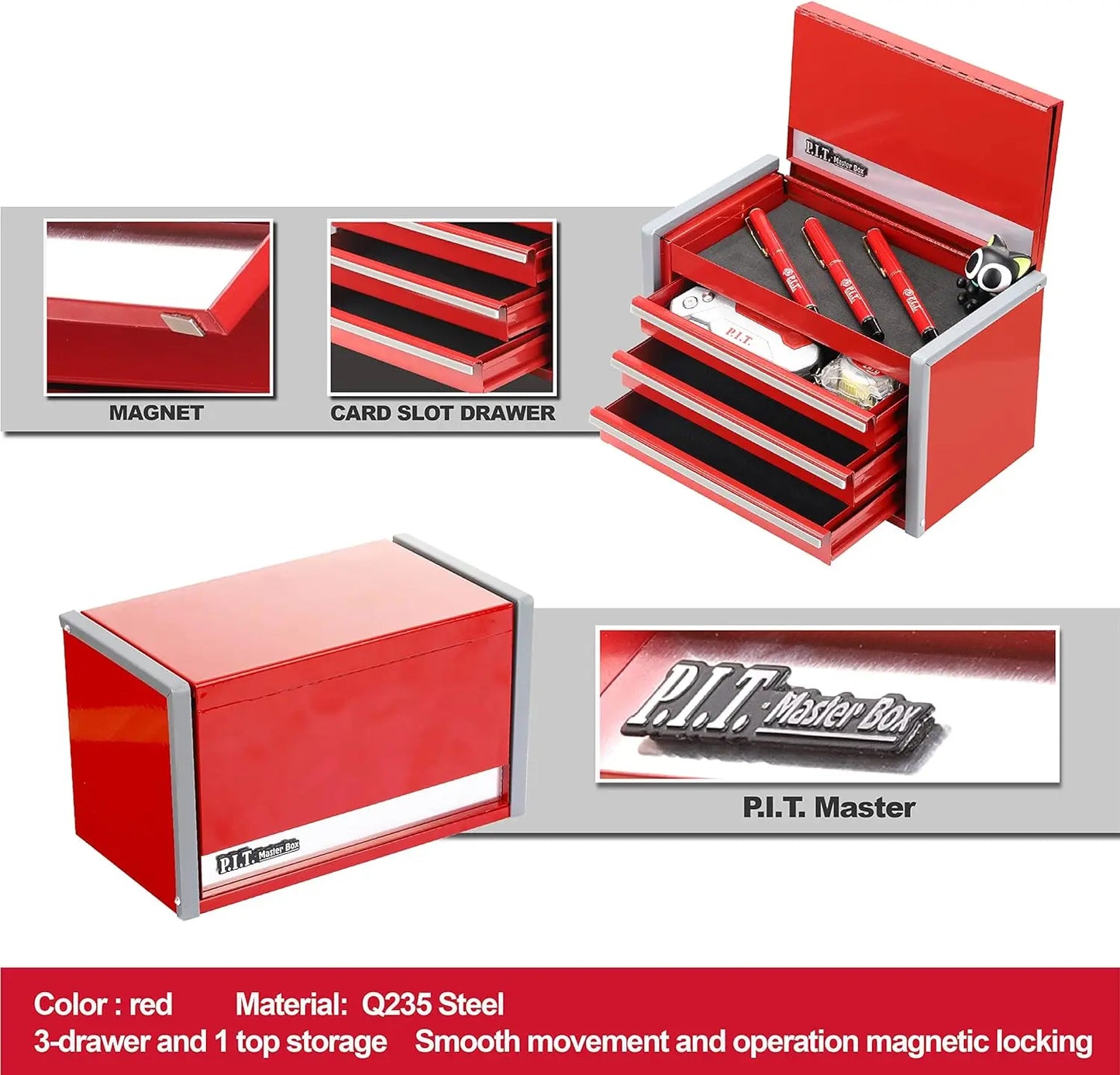 Portable 3 Drawer Steel Tool Box with Magnetic Tab Locking