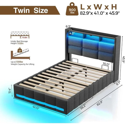 Twin/Full/Queen Bed Frame w/Lift Up Storage, Charging Station & LED Lights