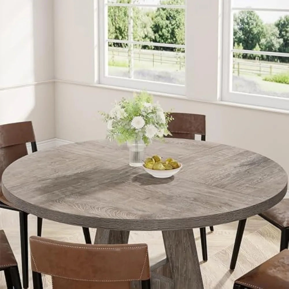 Kitchen dining table, circular 47 inch gray farmhouse wooden dining table, living room (excluding chairs) dining room table