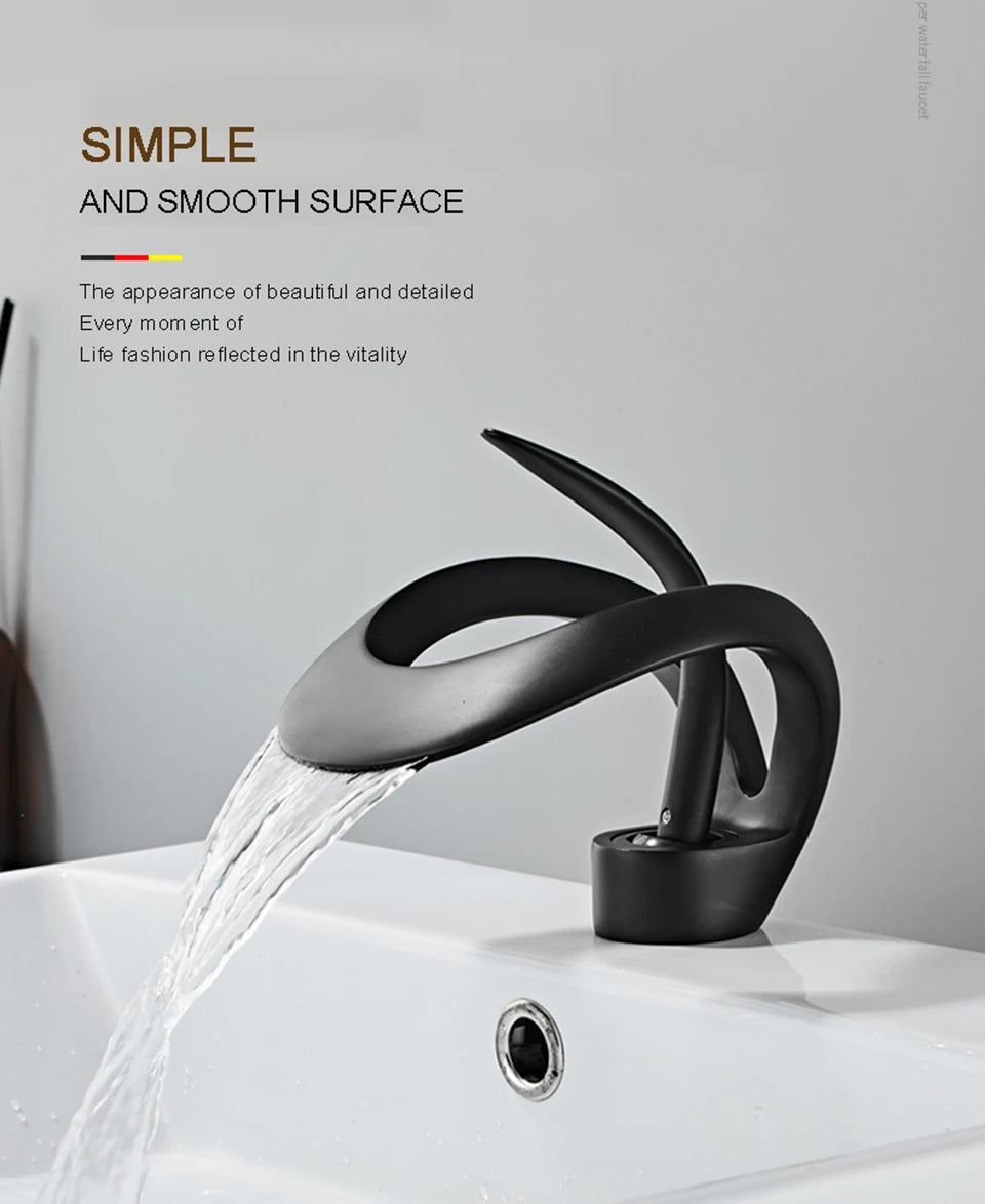 Matte Golden Bathroom Basin Faucet Black Waterfall Sink Faucet Brass Vanity Sink