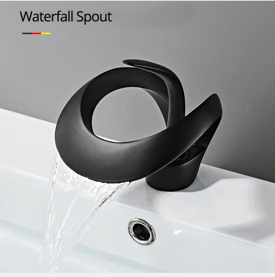 Matte Golden Bathroom Basin Faucet Black Waterfall Sink Faucet Brass Vanity Sink