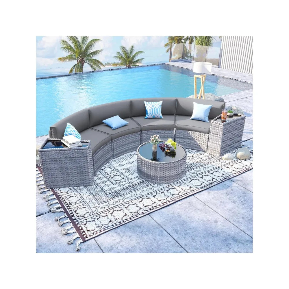 Patio Sectional Furniture Outdoor 7-Piece Rattan Curved Sofa Set with Storage Table