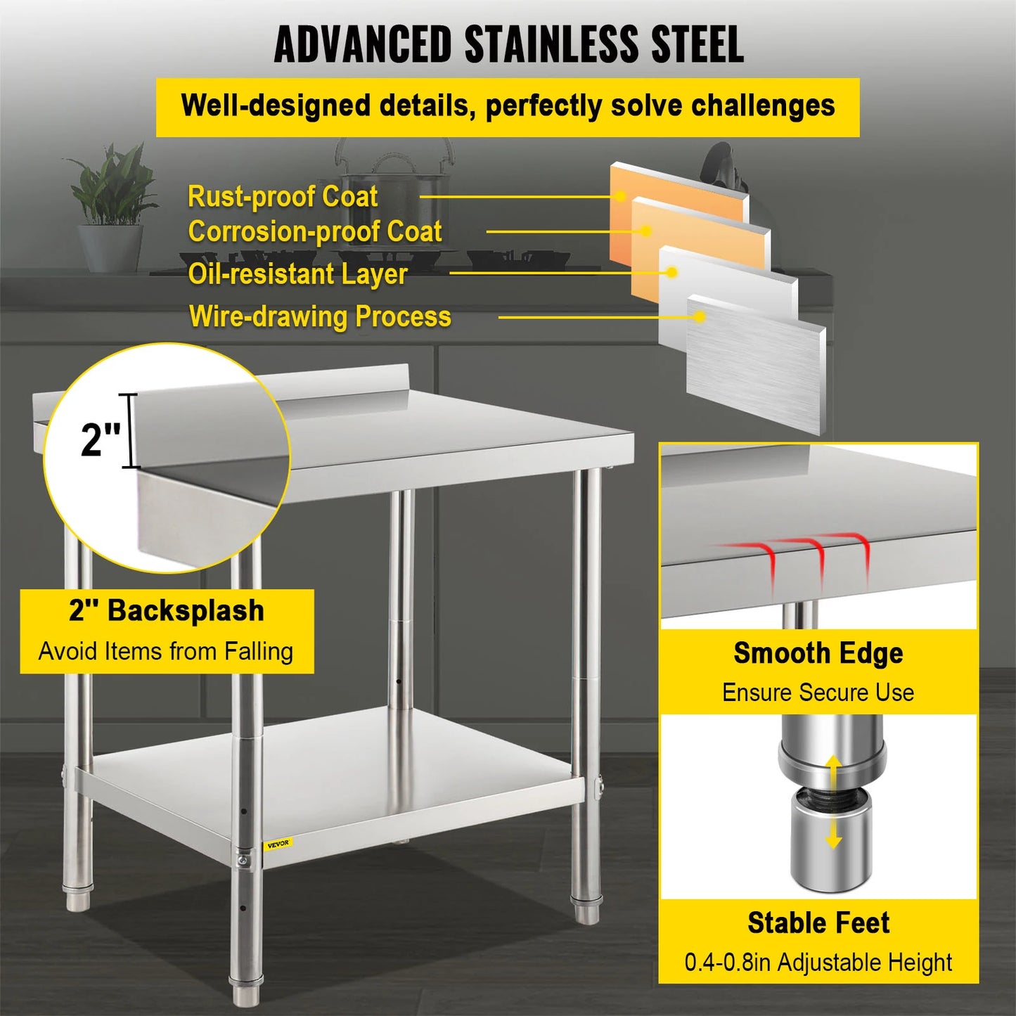 Stainless Steel Preparation Table Heavy Duty Metal Worktable w/ Backsplash & Adjustable